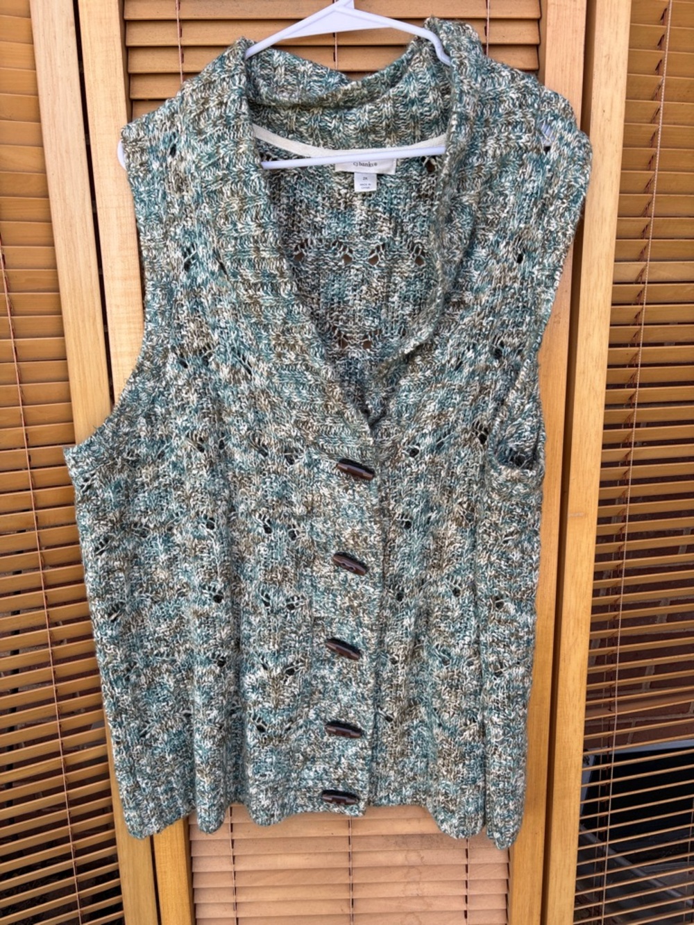 CJ Banks Teal and Cream Marled Knit Button-Front Vest